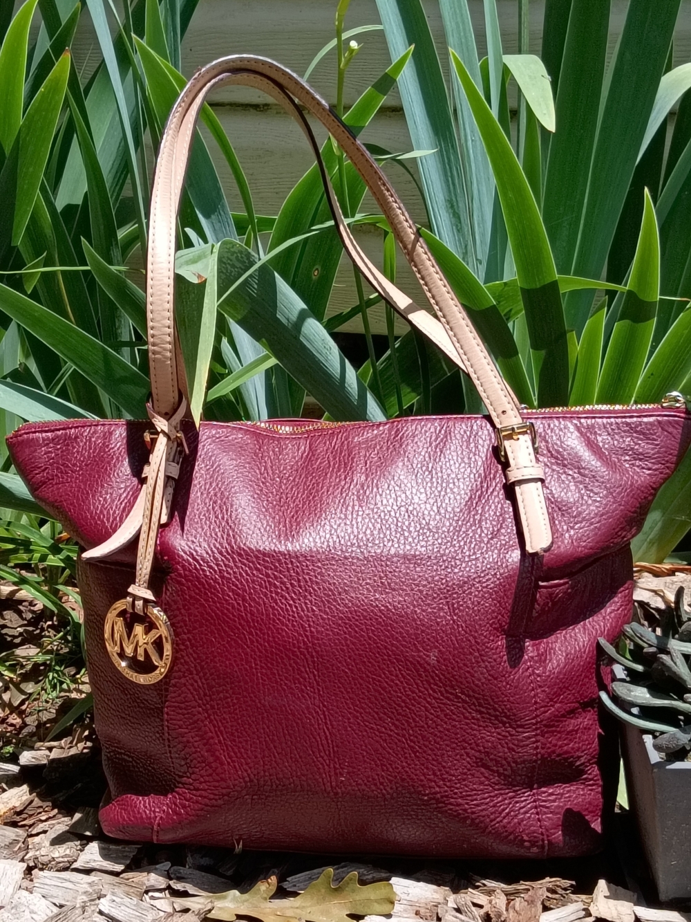 Michael Kors Burgundy Leather Jet Set Tote with Beige Straps